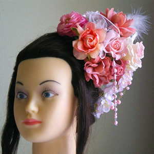 ピンクローズと桜の成人式髪飾り